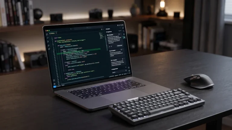 Sleek laptop displaying an AI code editor interface with syntax highlighted programming blocks on a dark charcoal surface for a computerprice.in developer guide.