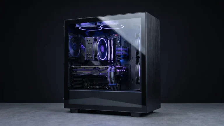Premium custom gaming PC build with clean interior RGB lighting and glass panel layout on a slate gray surface for a computerprice.in hardware assembly guide.