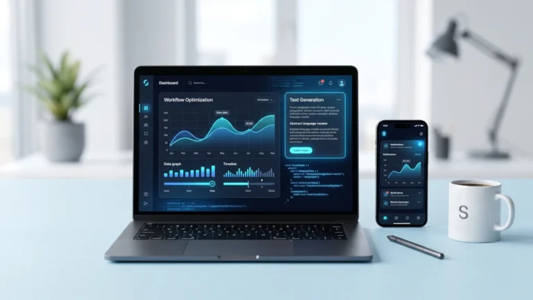 Sleek laptop and smartphone showing workflow optimization AI dashboards on a minimal pastel blue surface for a computerprice.in software utility guide.