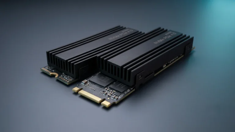Premium high-speed M.2 NVMe SSD components with black aluminum heatsinks on a dark slate gray background for a computerprice.in hardware upgrade guide.
