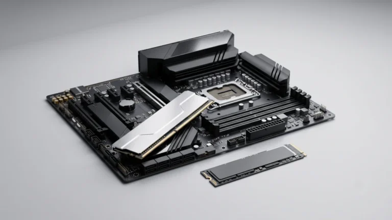 Premium computer hardware components including DDR5 RAM and NVMe SSD laid out on a clean light gray background representing PC building trends and component pricing in India.