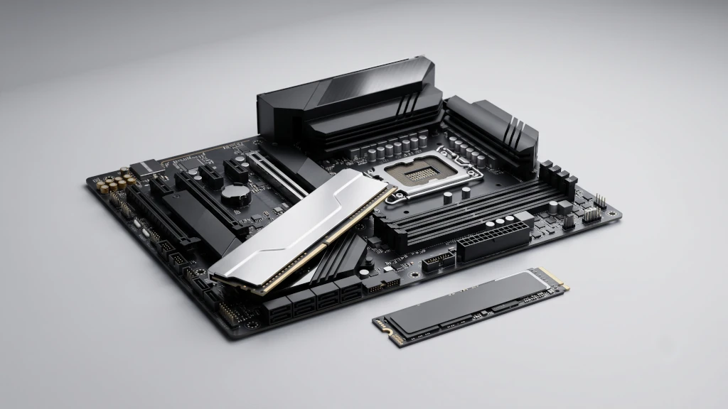 Premium computer hardware components including DDR5 RAM and NVMe SSD laid out on a clean light gray background representing PC building trends and component pricing in India.