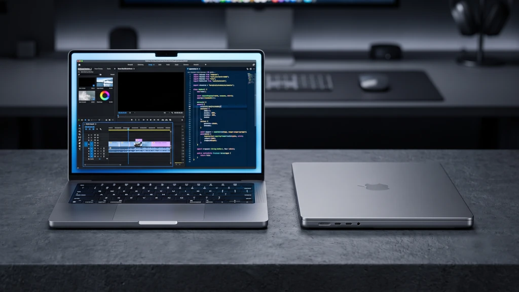 Premium performance laptops with editing video and coding displays on a minimal dark slate gray surface for a computerprice.in Malayalam hardware guide.